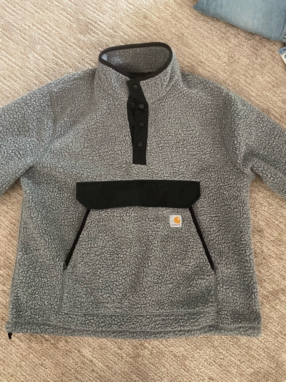 Carhartt Gray Sherpa Jacket with Black Trim and Gold Logo